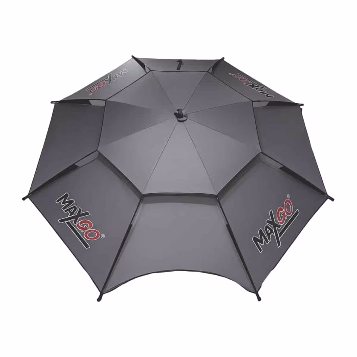 Sombrilla MaxGo negro y rojo con logo y ventilaciones en la parte superior