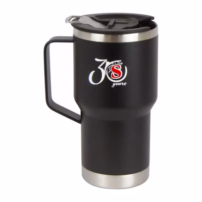 Vaso térmico Sumax 560 ml negro de acero inoxidable con mango y logo 30 years