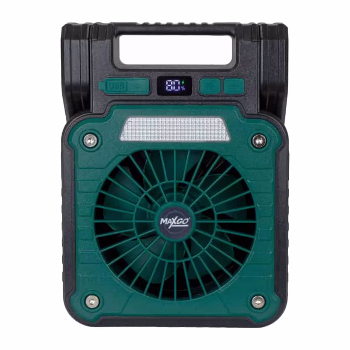 Frente del ventilador Maxgo naranja con rejilla, pantalla digital y luz LED