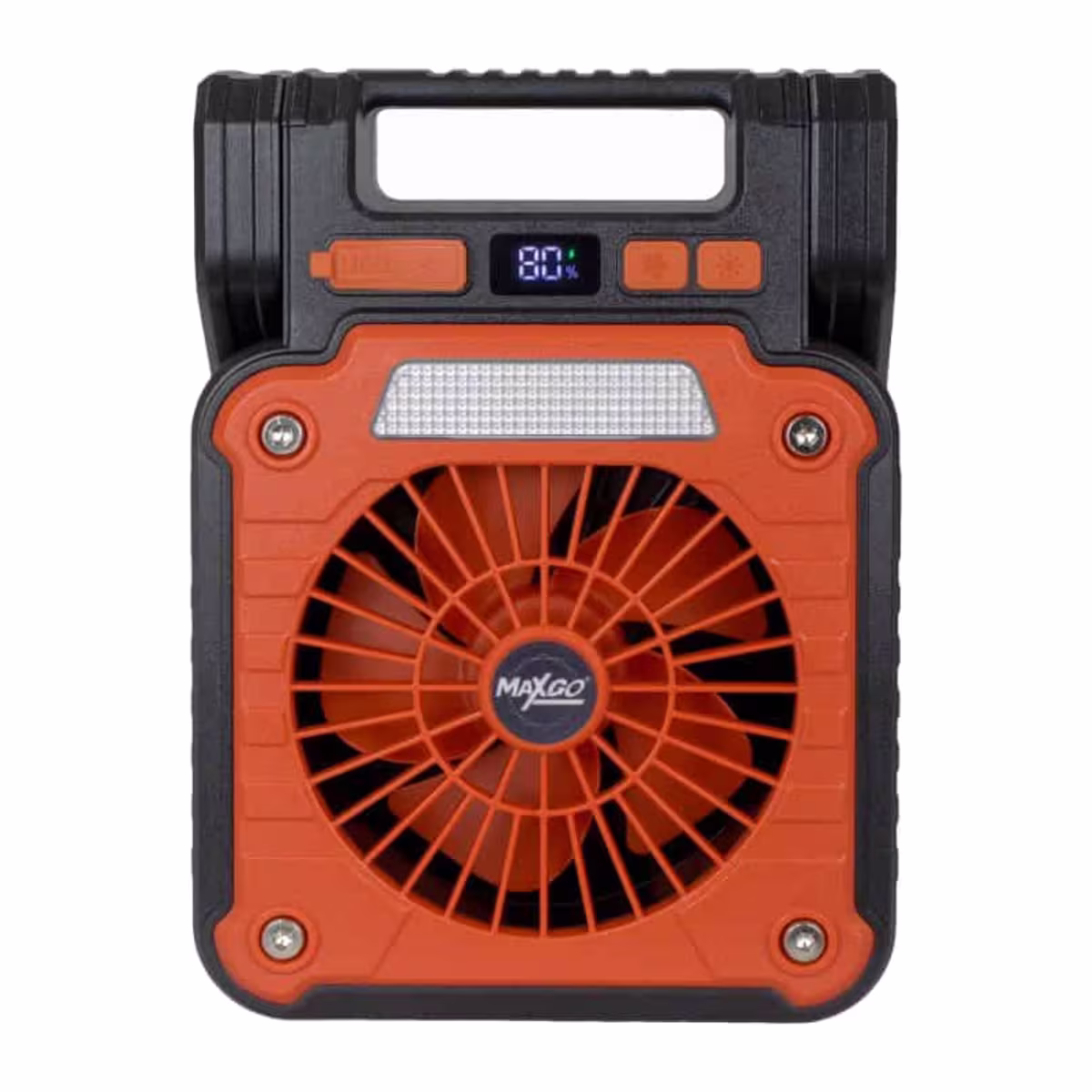 Ventilador portátil Maxgo verde con asa de transporte y botones de control