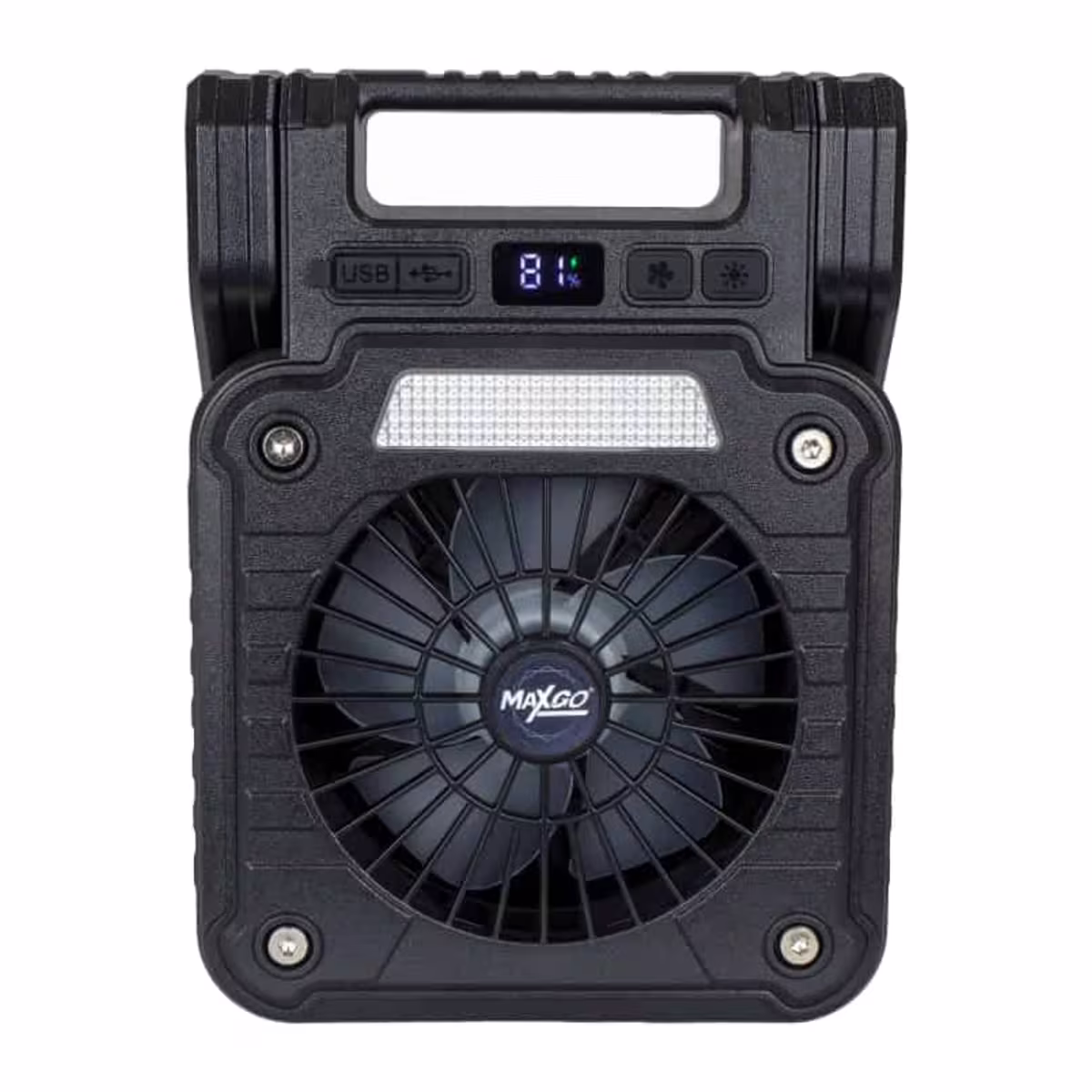 Ventilador Maxgo negro con aspas, pantalla digital y panel de luz superior