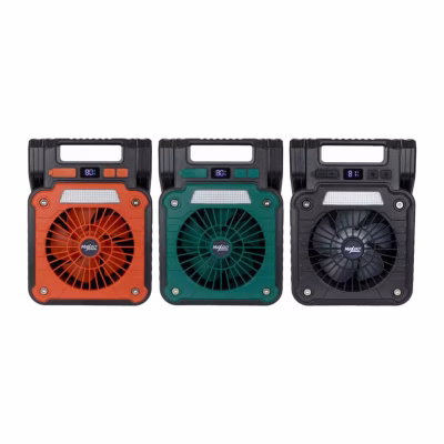 Ventilador portátil Maxgo recargable en colores naranja, verde y negro