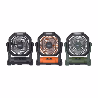 Ventilador portátil Maxgo recargable con luz LED, vista frontal y ajuste de 360°